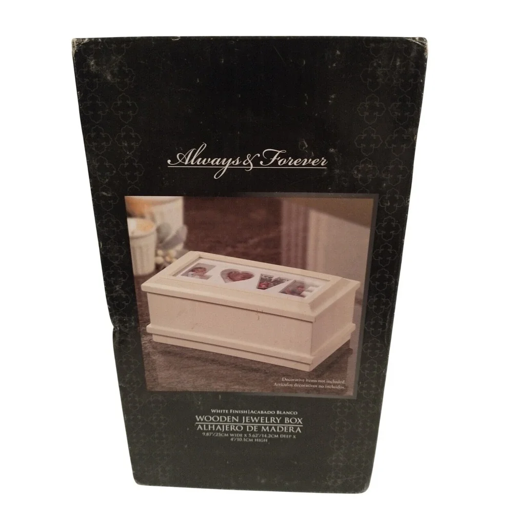 Always & Forever White Wooden Jewelry Box Photo Frame Lid Love Hope Stencil VTG